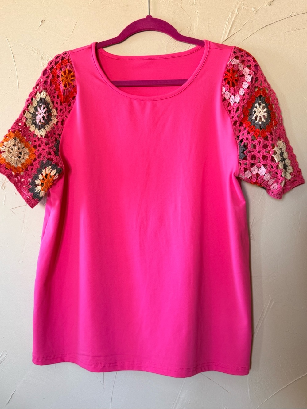 Bright Pink Crochet granny square Sleeve Women's Top
